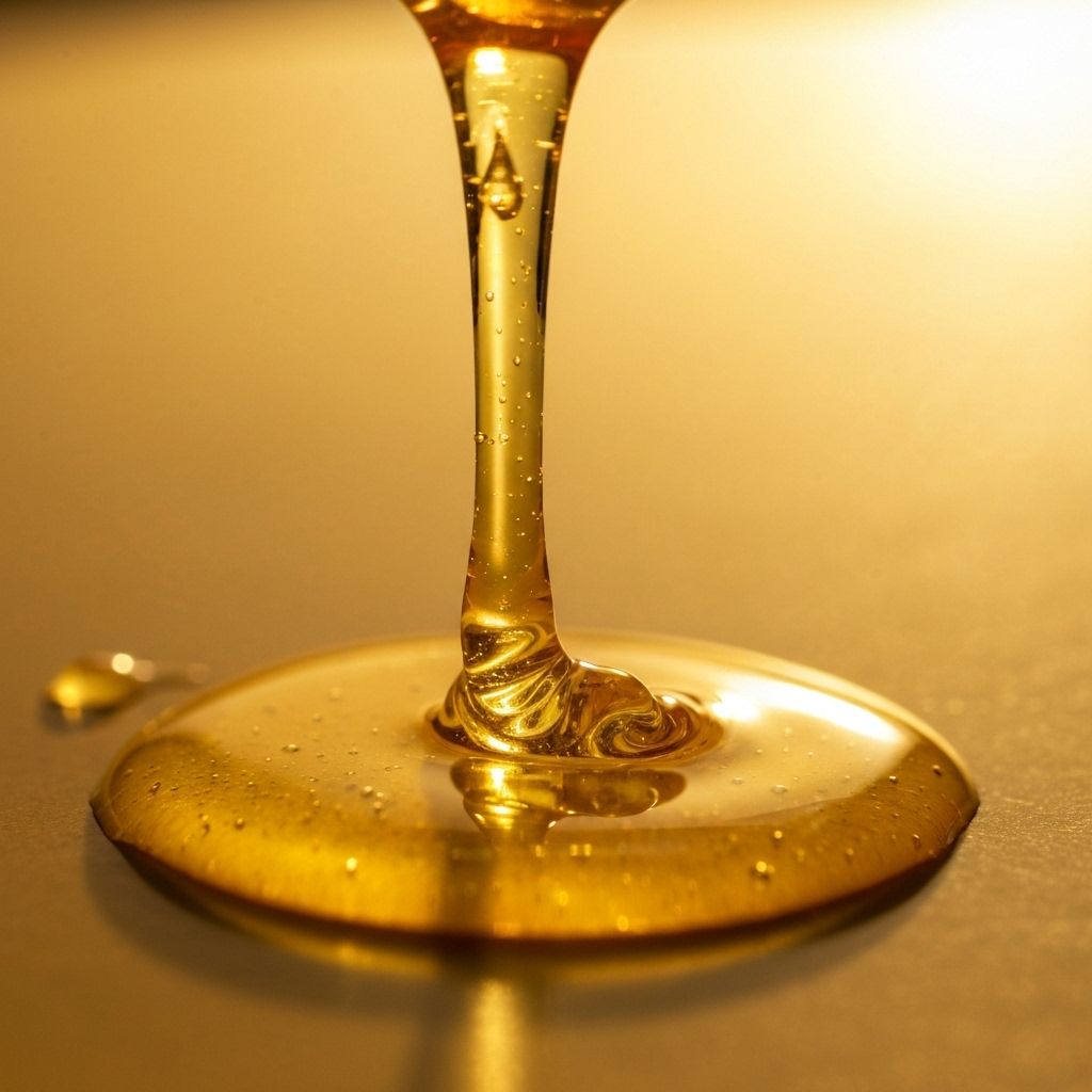 Golden honey cascading from a wooden dipper